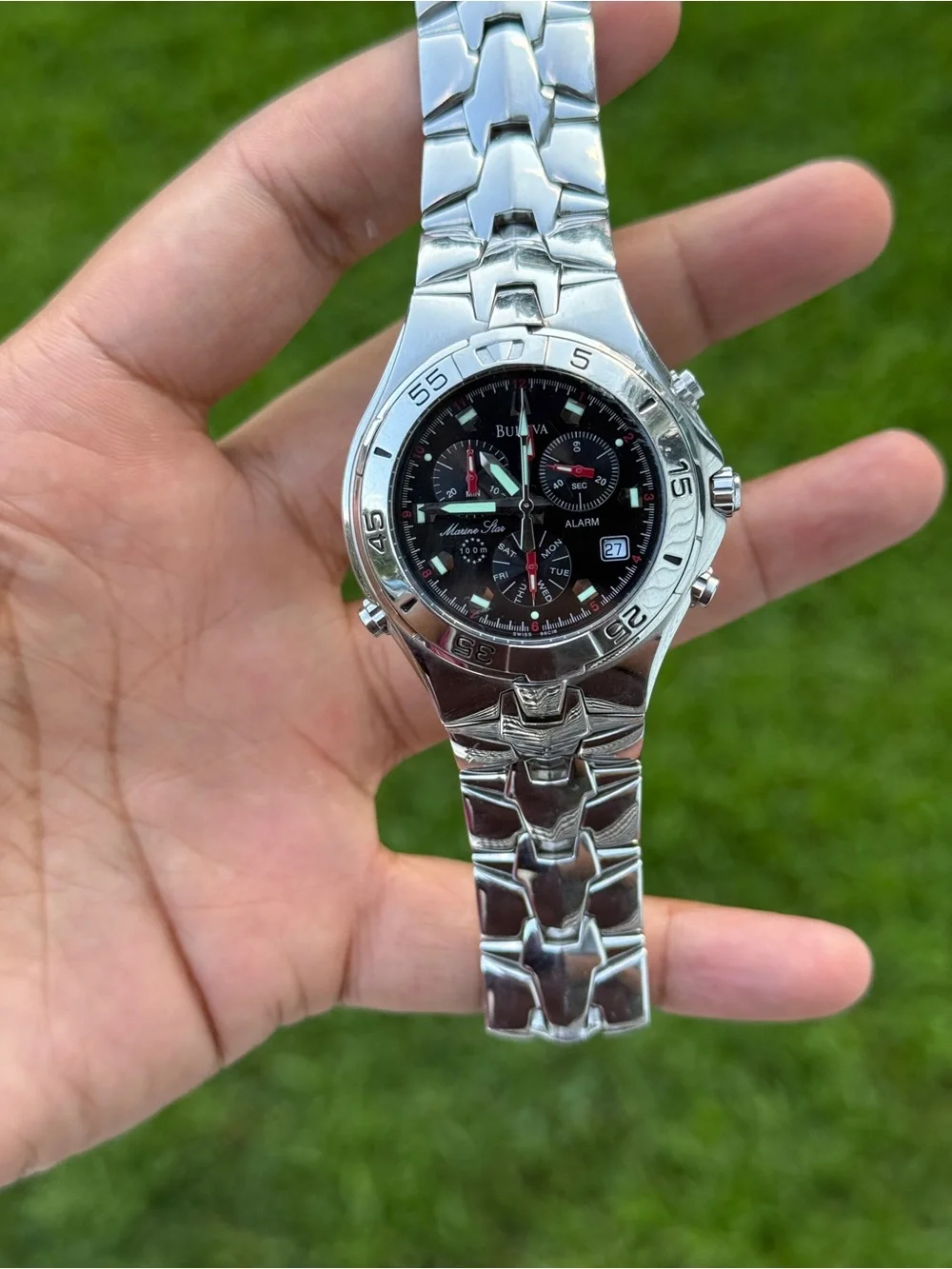 Bulova marine star Silver men’s  Watch with Black Dial and Red Accents